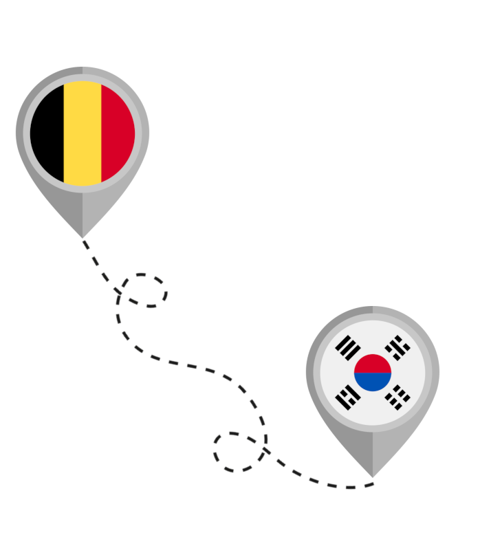 Belgian and Korean flags connected via a dotted line.
