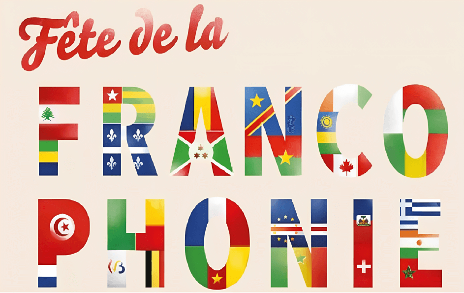 Francophonie spelled with all flags of French-speaking countries