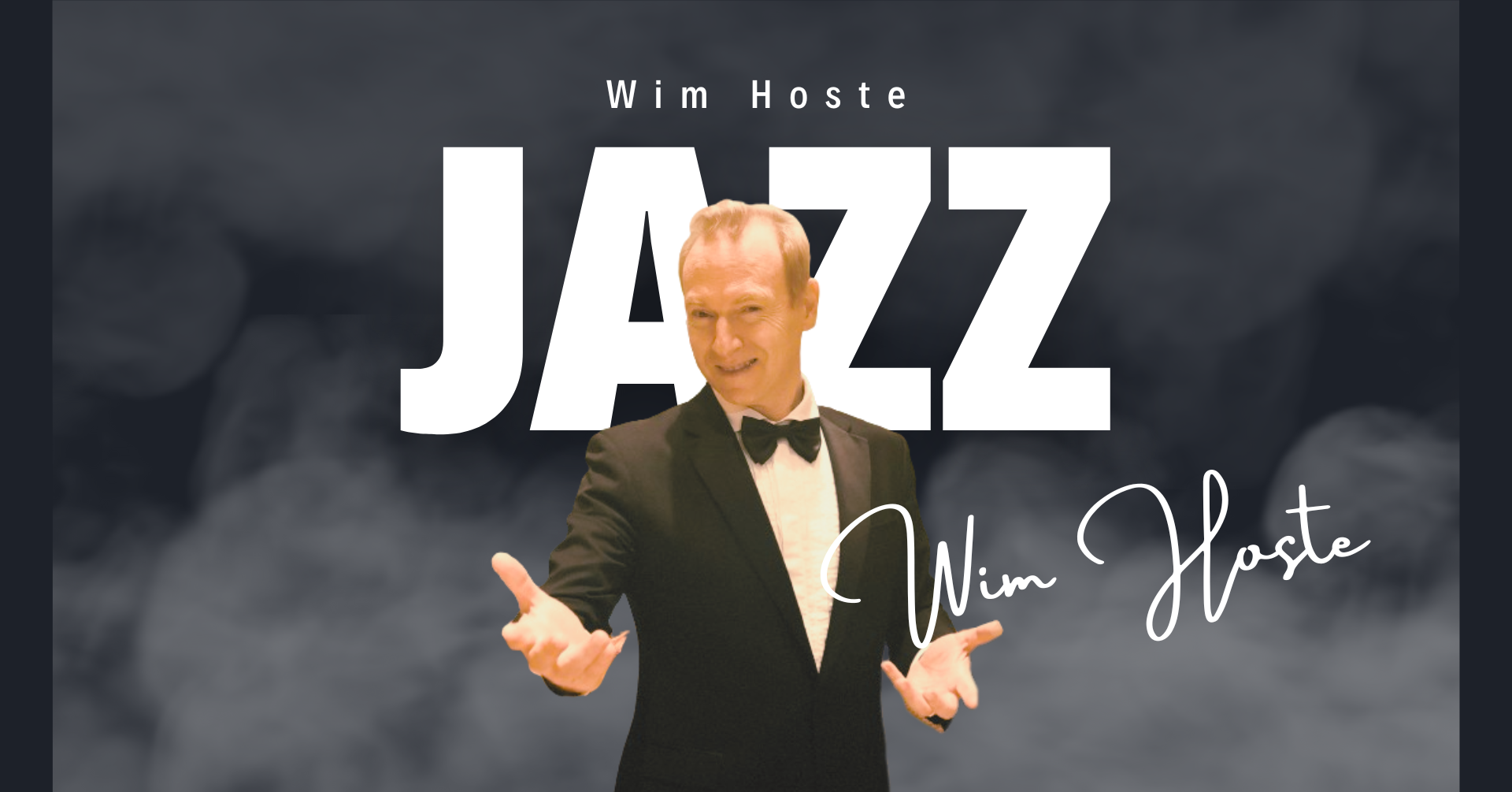 Photo of Wim Hoste, the Belgian singar with a dark background and the ward jazz written in white